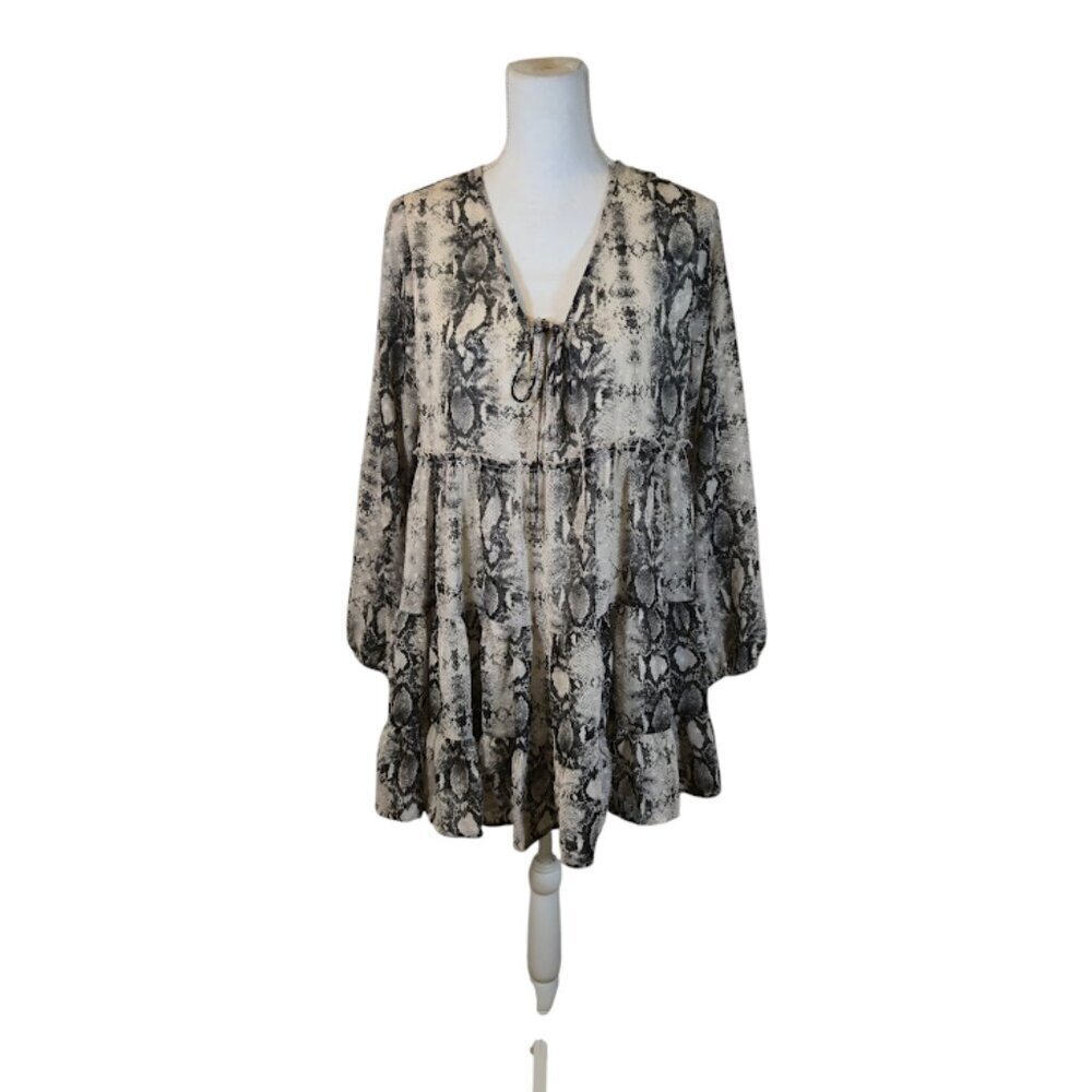 Altar'd State Animal Print Mini Dress Size Small Gray Ruffle Babydoll Bohemian